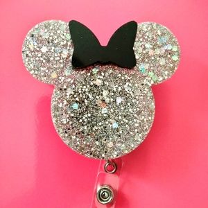 Customizable Holographic silver Minnie mouse head retractable name badge reel